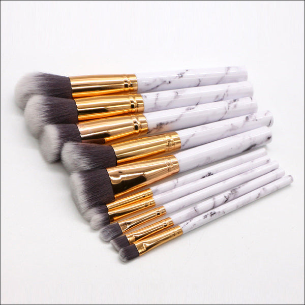 (Bag + Brush) White Marble Makeup Collection 10 For Face Eyes And Lips Brushes