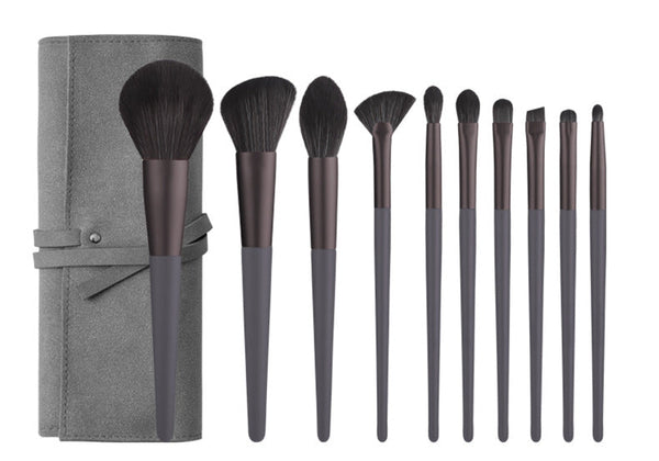 Modern Gray (Brush + Bag) 10 Piece Face Eye Makeup Set Premium Blending Brushes