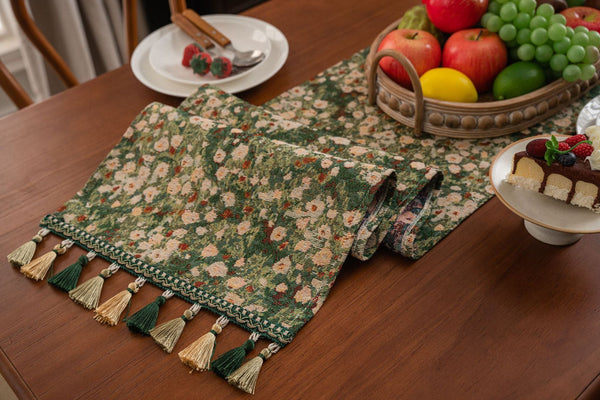 Elosung 2 Pcs Floral Table Runner With Tassels Jacquard Green Farmhouse Style (33X140cm) Table Runners