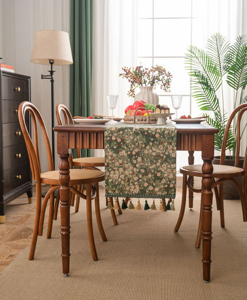 Elosung 2 Pcs Floral Table Runner With Tassels Jacquard Green Farmhouse Style (33X140cm) Table Runners
