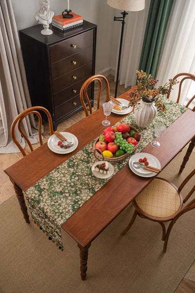 Elosung 2 Pcs Floral Table Runner With Tassels Jacquard Green Farmhouse Style (33X140cm) Table Runners