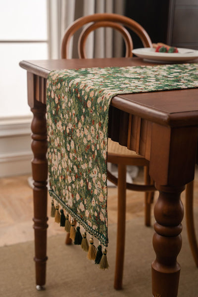 Elosung 2 Pcs Floral Table Runner With Tassels Jacquard Green Farmhouse Style (33X140cm) Table Runners