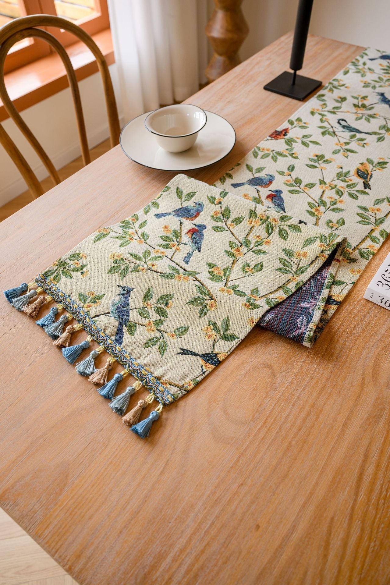 Elosung 2 Pcs Birds & Branch Table Runner Jacquard Woven Beige With Tassels (33X120cm) Table Runners