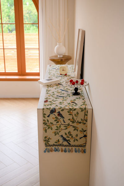 Elosung 2 Pcs Birds & Branch Table Runner Jacquard Woven Beige With Tassels (33X120cm) Table Runners