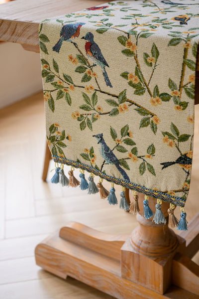 Elosung 2 Pcs Birds & Branch Table Runner Jacquard Woven Beige With Tassels (33X120cm) Table Runners