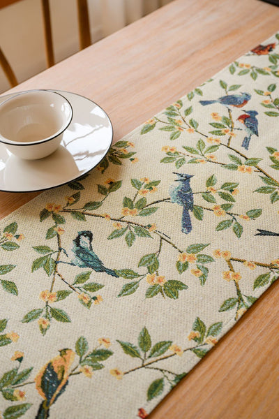 Elosung 2 Pcs Birds & Branch Table Runner Jacquard Woven Beige With Tassels(33X140cm) Table Runners