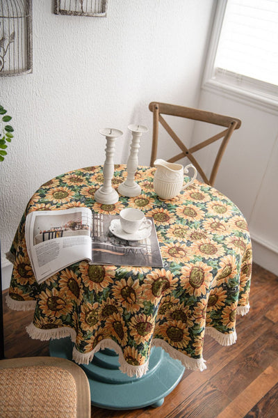 Round Sunflower Tablecloth Jacquard Woven Cotton With Fringe Trim 120Cm Table Cloths