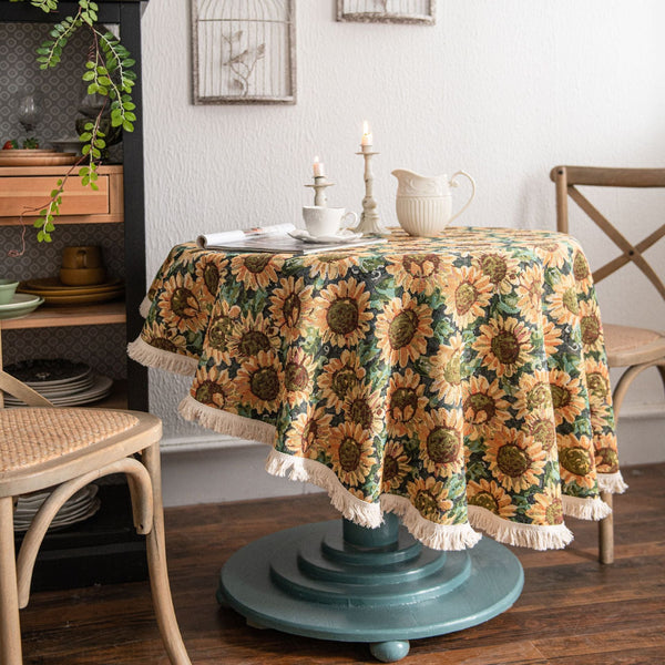 Round Sunflower Tablecloth Jacquard Woven Cotton With Fringe Trim 120Cm Table Cloths