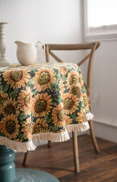 Round Sunflower Tablecloth Jacquard Woven Cotton With Fringe Trim 120Cm Table Cloths