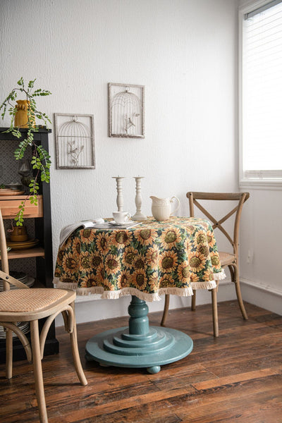 Round Sunflower Tablecloth Jacquard Woven Cotton With Fringe Trim 120Cm Table Cloths