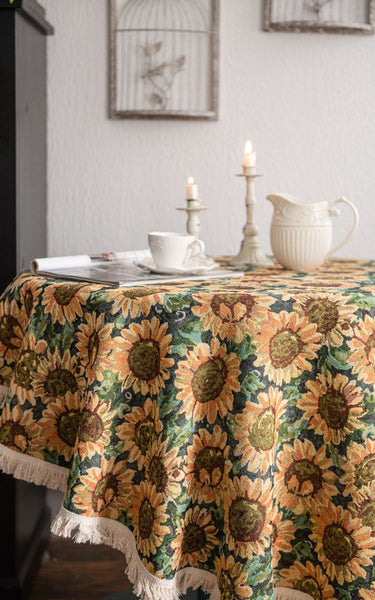 Round Sunflower Tablecloth Jacquard Woven Cotton With Fringe Trim 120Cm Table Cloths