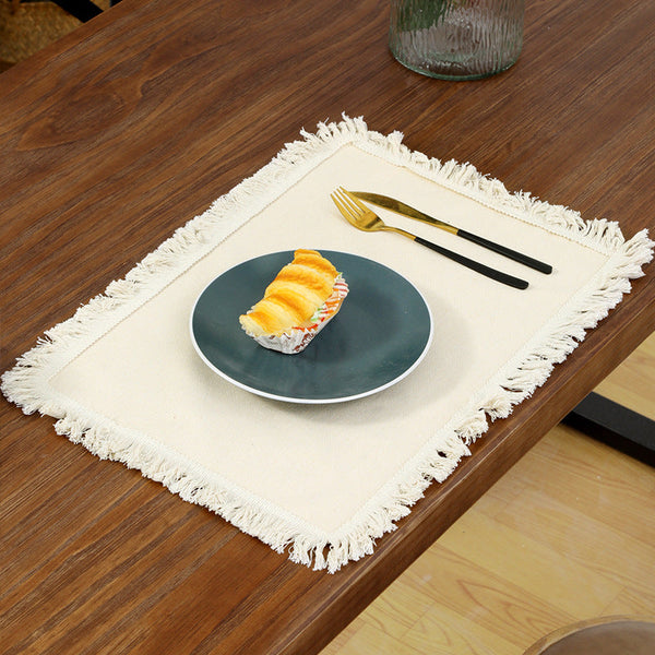 Elosung Cotton Linen Beige Set With Fringe For Dining Table Decor 30X30cm Placemats