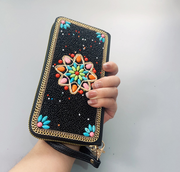 Black Ethnic Style Beaded Clutch Handmade Retro Wallet Style 1 Wallets