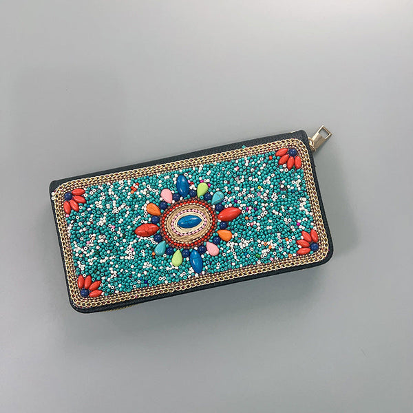 Blue Flowers Ethnic Style Beaded Clutch Handmade Retro Wallet Style 6 Wallets