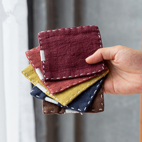 Chinese Style Linen Set Of 5 Hand Embroidered Tea Mats (9X9cm) Coasters