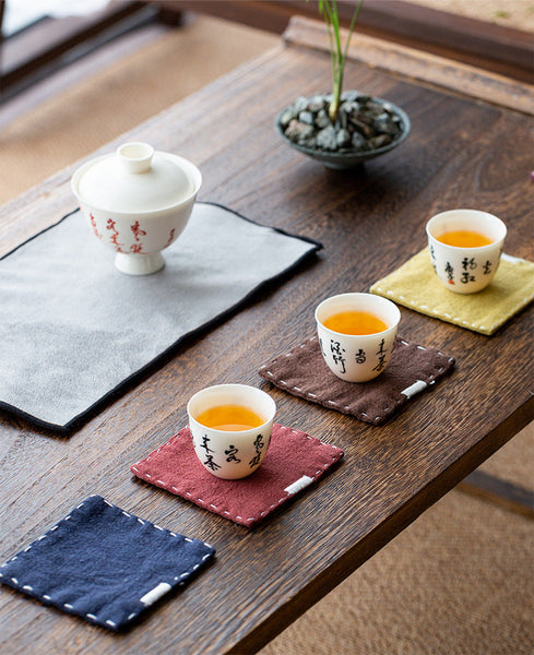 Chinese Style Linen Set Of 5 Hand Embroidered Tea Mats (9X9cm) Coasters