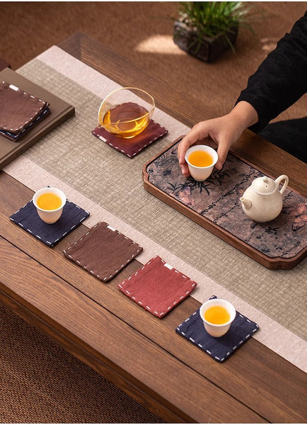 Chinese Style Linen Set Of 5 Hand Embroidered Tea Mats (9X9cm) Coasters