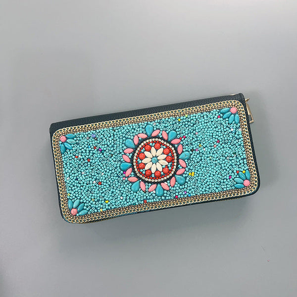 Blue Flowers Ethnic Style Beaded Clutch Handmade Retro Wallet 10 Wallets