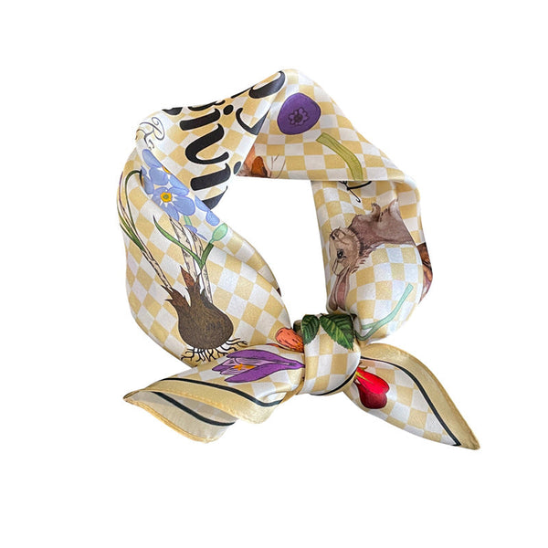 Elosung Yellow Pure Silk Scarf Elegant Flower Design Square Handkerchief (Style 2) Scarves & Wraps