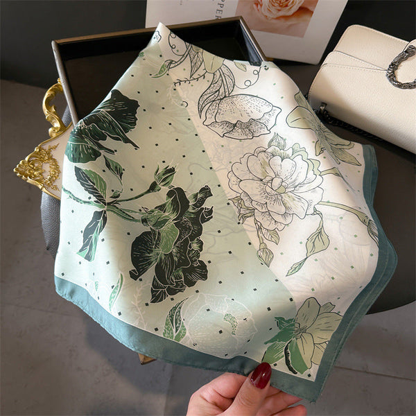 Green Pure Silk Scarf Elegant Flower Design Square Handkerchief (Style 3) Scarves & Wraps