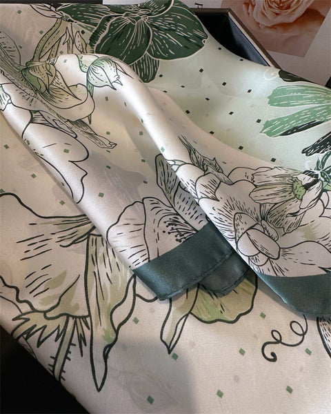 Green Pure Silk Scarf Elegant Flower Design Square Handkerchief (Style 3) Scarves & Wraps