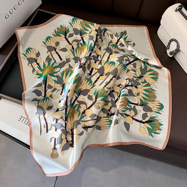 Elosung Yellow Pure Silk Scarf Elegant Flower Design Square Handkerchief (Style 4) Scarves & Wraps