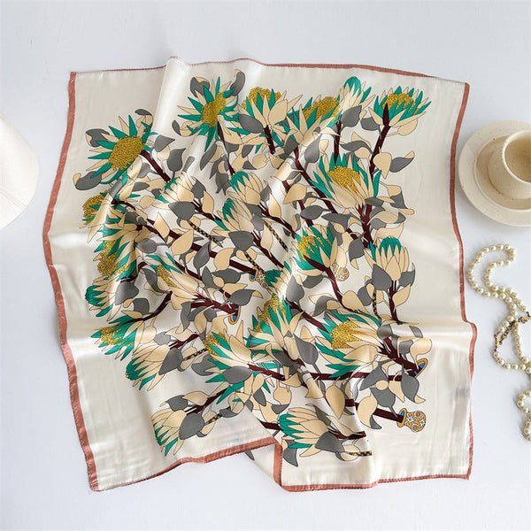 Elosung Yellow Pure Silk Scarf Elegant Flower Design Square Handkerchief (Style 4) Scarves & Wraps