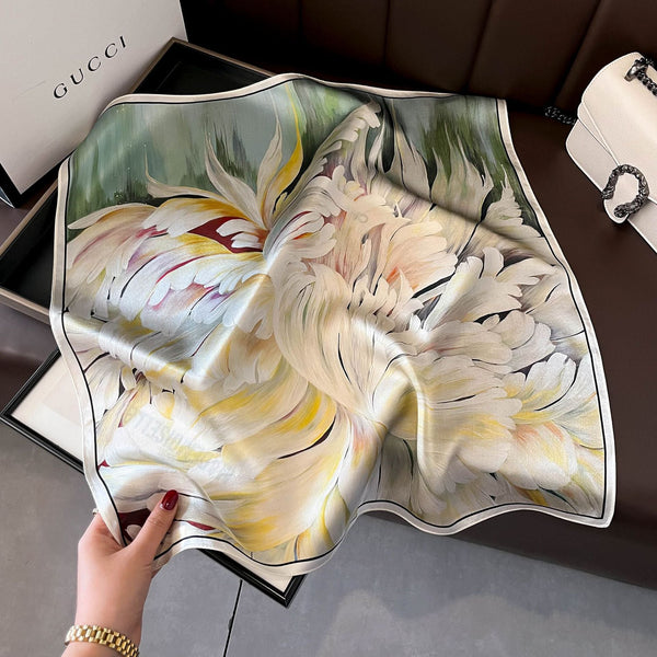 Green+White Pure Silk Scarf Elegant Flower Design Square Handkerchief (Style 5) Scarves & Wraps