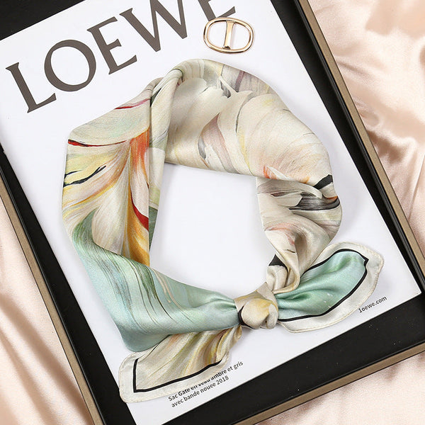 Green+White Pure Silk Scarf Elegant Flower Design Square Handkerchief (Style 5) Scarves & Wraps