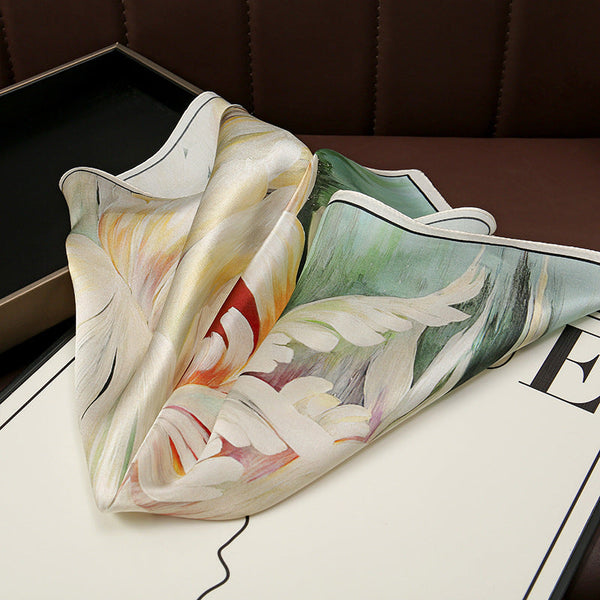 Green+White Pure Silk Scarf Elegant Flower Design Square Handkerchief (Style 5) Scarves & Wraps