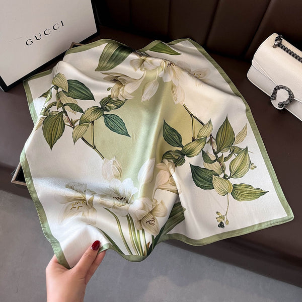Green Pure Silk Scarf Elegant Flower Design Square Handkerchief (Style 6) Scarves & Wraps
