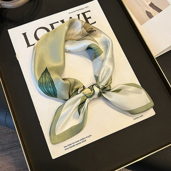 Green Pure Silk Scarf Elegant Flower Design Square Handkerchief (Style 6) Scarves & Wraps