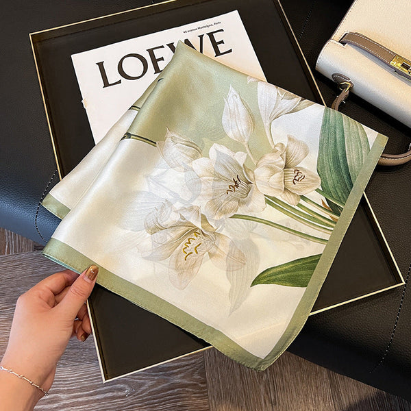 Green Pure Silk Scarf Elegant Flower Design Square Handkerchief (Style 6) Scarves & Wraps