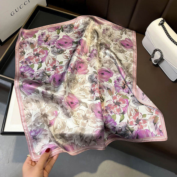 Purple Pure Silk Scarf Elegant Flower Design Square Handkerchief (Style 7) Scarves & Wraps