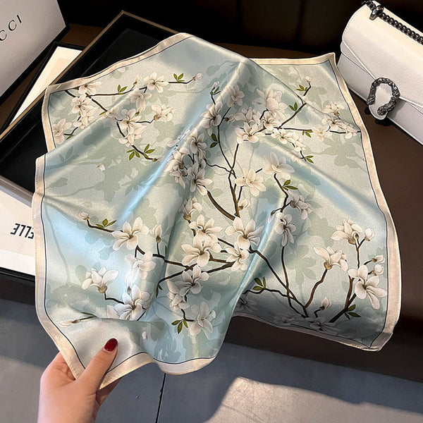 Blue Pure Silk Scarf Elegant Flower Design Square Handkerchief (Style 8) Scarves & Wraps