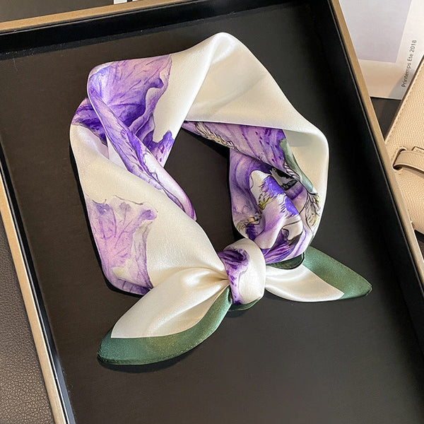 Purple Pure Silk Scarf Elegant Flower Design, Square Handkerchief (Style 9) Scarves & Wraps