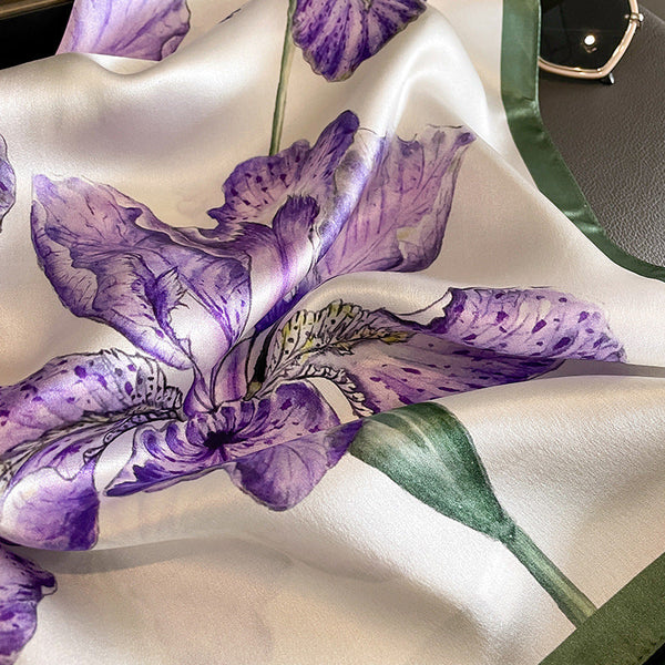 Purple Pure Silk Scarf Elegant Flower Design, Square Handkerchief (Style 9) Scarves & Wraps