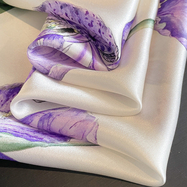 Purple Pure Silk Scarf Elegant Flower Design, Square Handkerchief (Style 9) Scarves & Wraps
