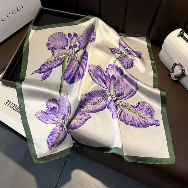 Purple Pure Silk Scarf Elegant Flower Design, Square Handkerchief (Style 9) Scarves & Wraps