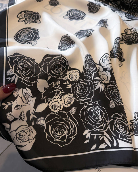 Black Pure Silk Scarf Elegant Flower Design, Square Handkerchief (Style 10) Scarves & Wraps