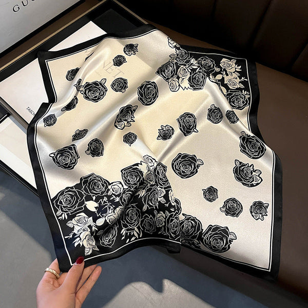Black Pure Silk Scarf Elegant Flower Design, Square Handkerchief (Style 10) Scarves & Wraps