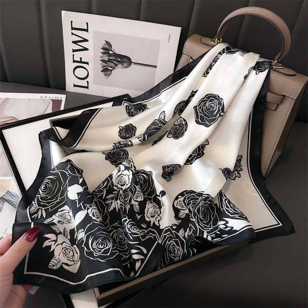Black Pure Silk Scarf Elegant Flower Design, Square Handkerchief (Style 10) Scarves & Wraps