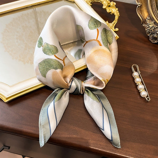 Beige Pure Silk Scarf Elegant Flower Design Square Handkerchief (Style 12) Scarves & Wraps