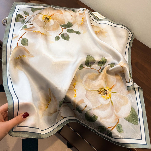 Beige Pure Silk Scarf Elegant Flower Design Square Handkerchief (Style 12) Scarves & Wraps