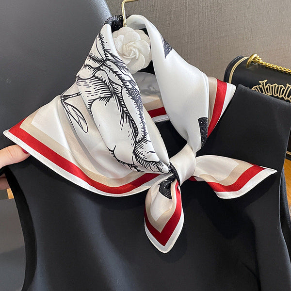 Red Edge Pure Silk Scarf Elegant Flower Design Square Handkerchief (Style 13) Scarves & Wraps