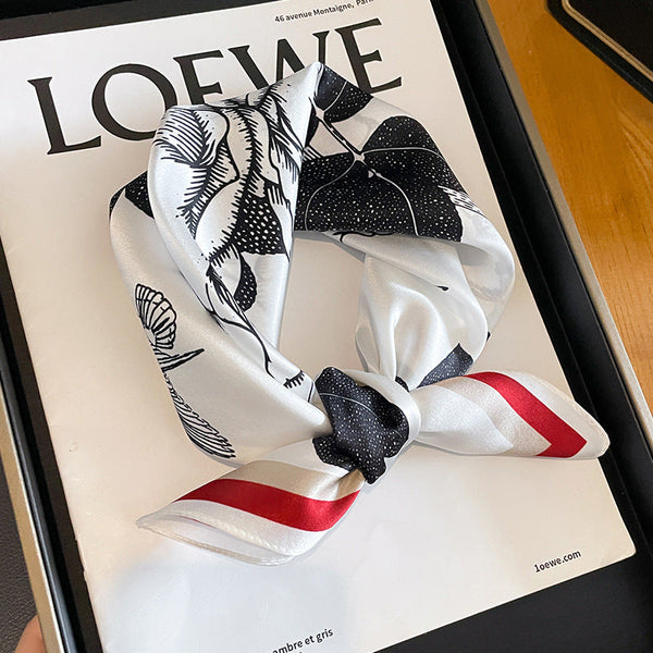 Red Edge Pure Silk Scarf Elegant Flower Design Square Handkerchief (Style 13) Scarves & Wraps