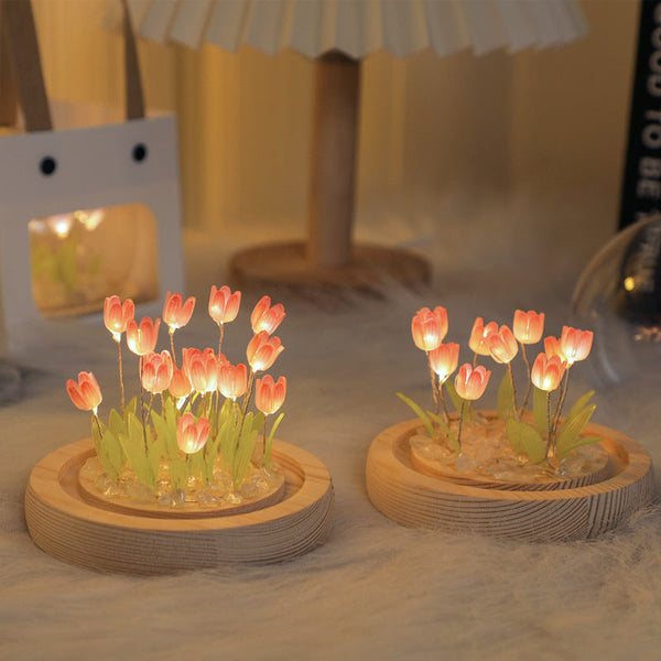Elosung (Ten Pink Tulips) Glowing Dome Lamp Wooden Base Bedside Table Decoration Placeholder