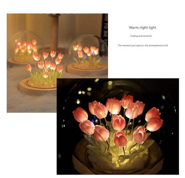 Elosung (Ten Pink Tulips) Glowing Dome Lamp Wooden Base Bedside Table Decoration Placeholder