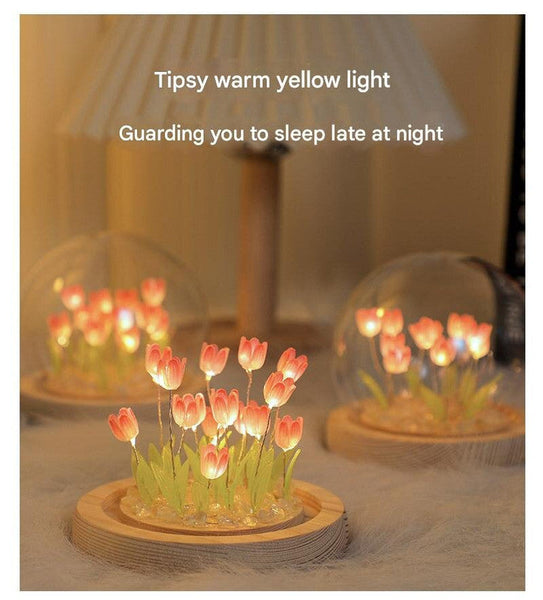 Elosung (Ten Pink Tulips) Glowing Dome Lamp Wooden Base Bedside Table Decoration Placeholder