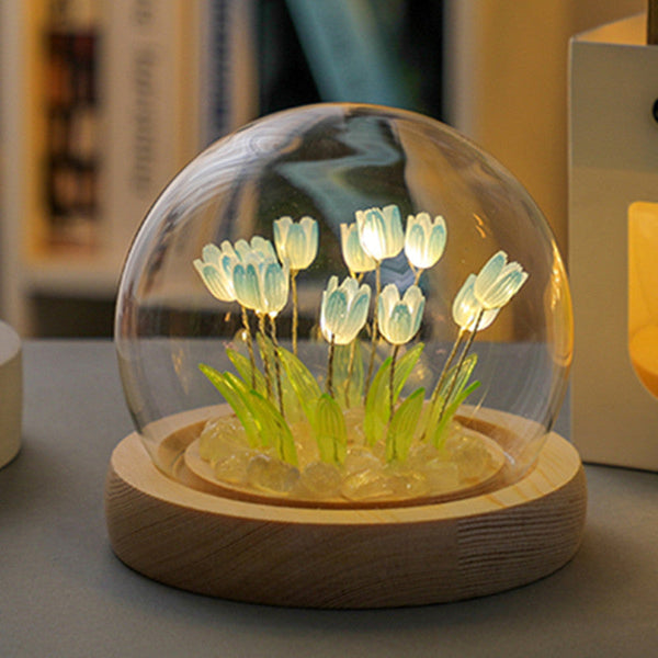 Elosung (Ten Pink Tulips) Glowing Dome Lamp Wooden Base Bedside Table Decoration Placeholder